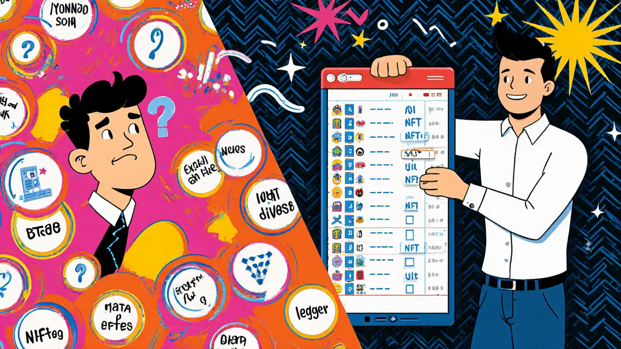 Débutant perdu face à l&#039;interface complexe de Solflare vs trader expert gérant des NFTs en masse.