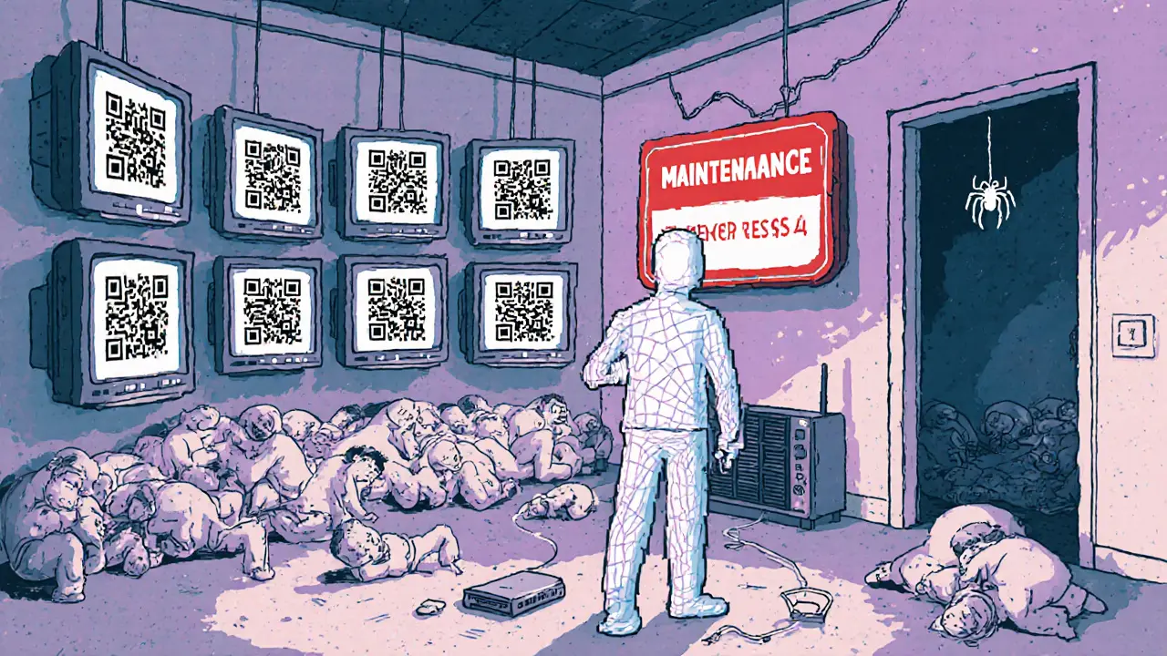 Fantôme d&#039;un présentateur TV dans un studio vide, des écrans affichent des codes QR sans auditoire, des marchands dorment au sol.