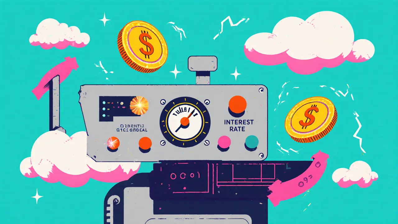 Interface robotisée stylisée ajustant automatiquement le prix de DOLA entre 0,99 $ et 1,01 $ avec des formes colorées.