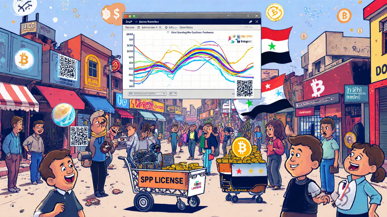 Marché crypto animé à Homs avec des mineurs et des transactions QR, décor stylisé Memphis.