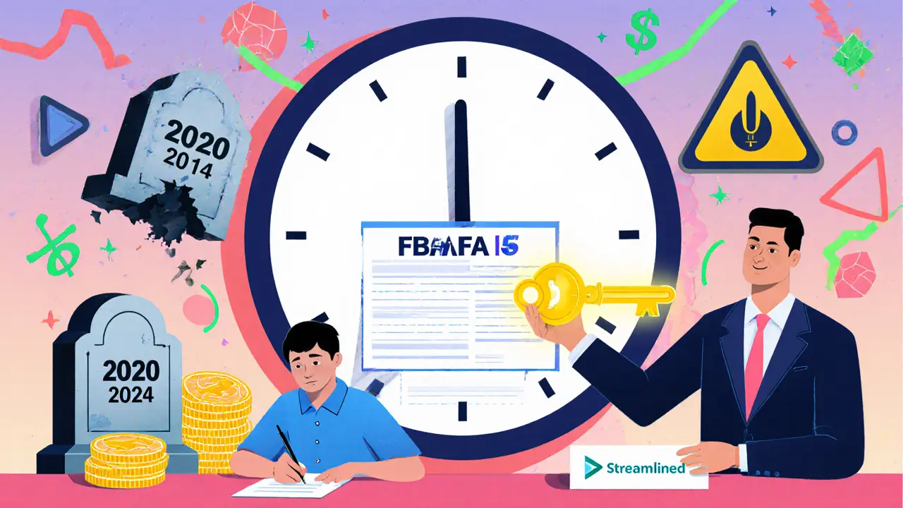 Personne signant un FBAR sous une horloge, des années non déclarées comme des tombes, une clé de conformité brillante.