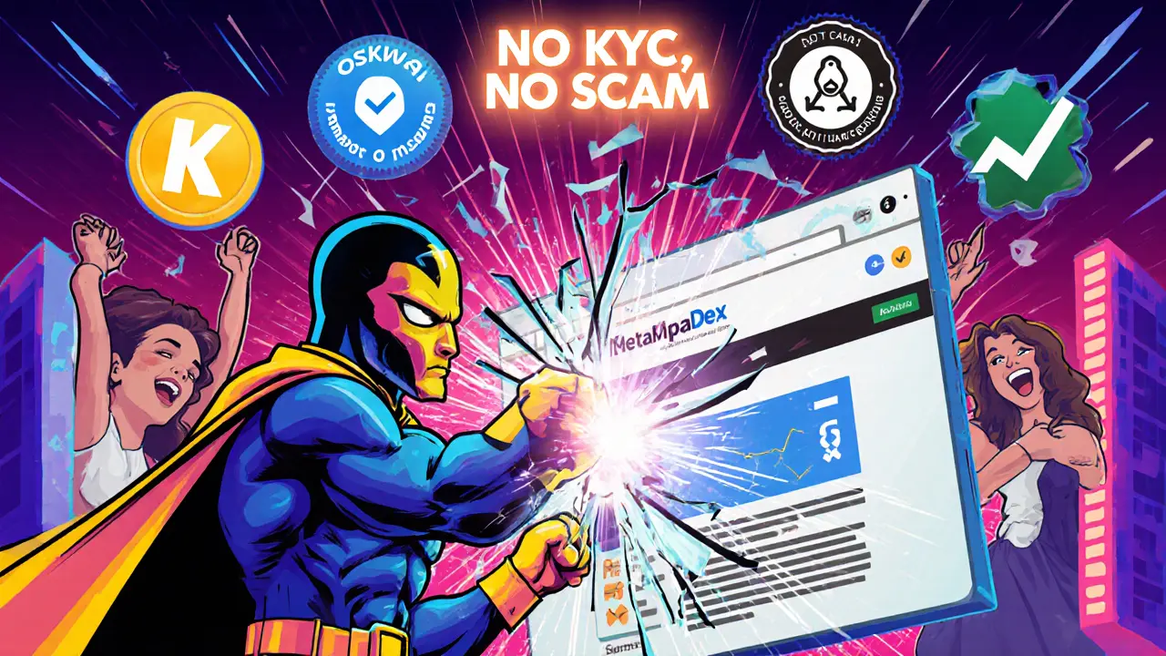 Portefeuille MetaMask qui détruit un site frauduleux, entouré de vrais DEX qui applaudissent.