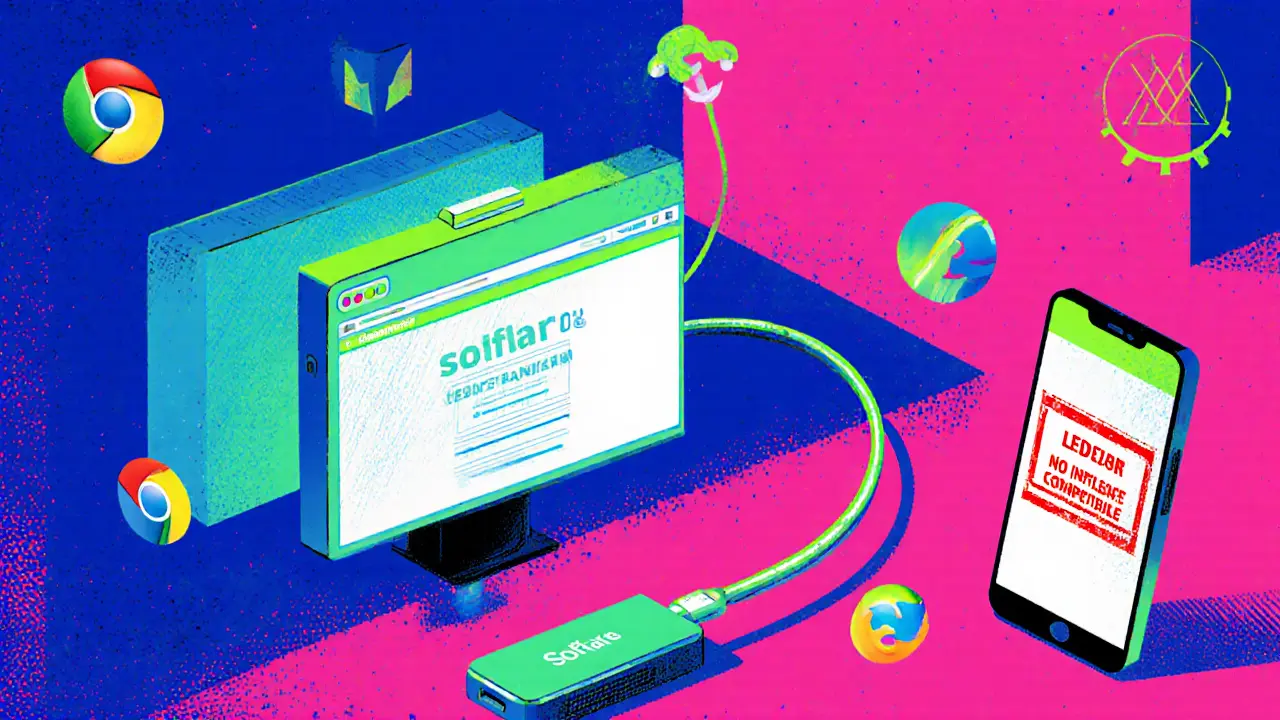 Solflare sur ordinateur connecté à Ledger, téléphone incompatible en arrière-plan, style géométrique vif.