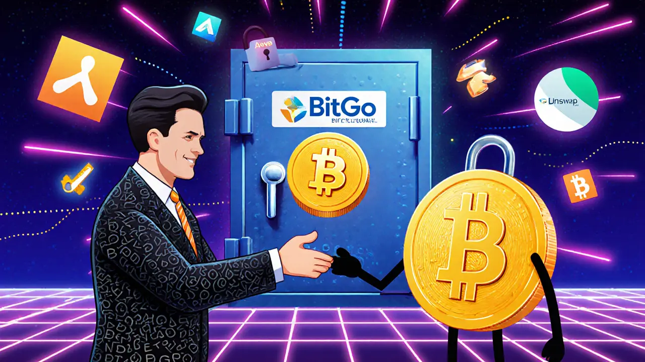 Un banquier blockchain remet un token WBTC à un mascotte Bitcoin, entouré de protocoles DeFi.