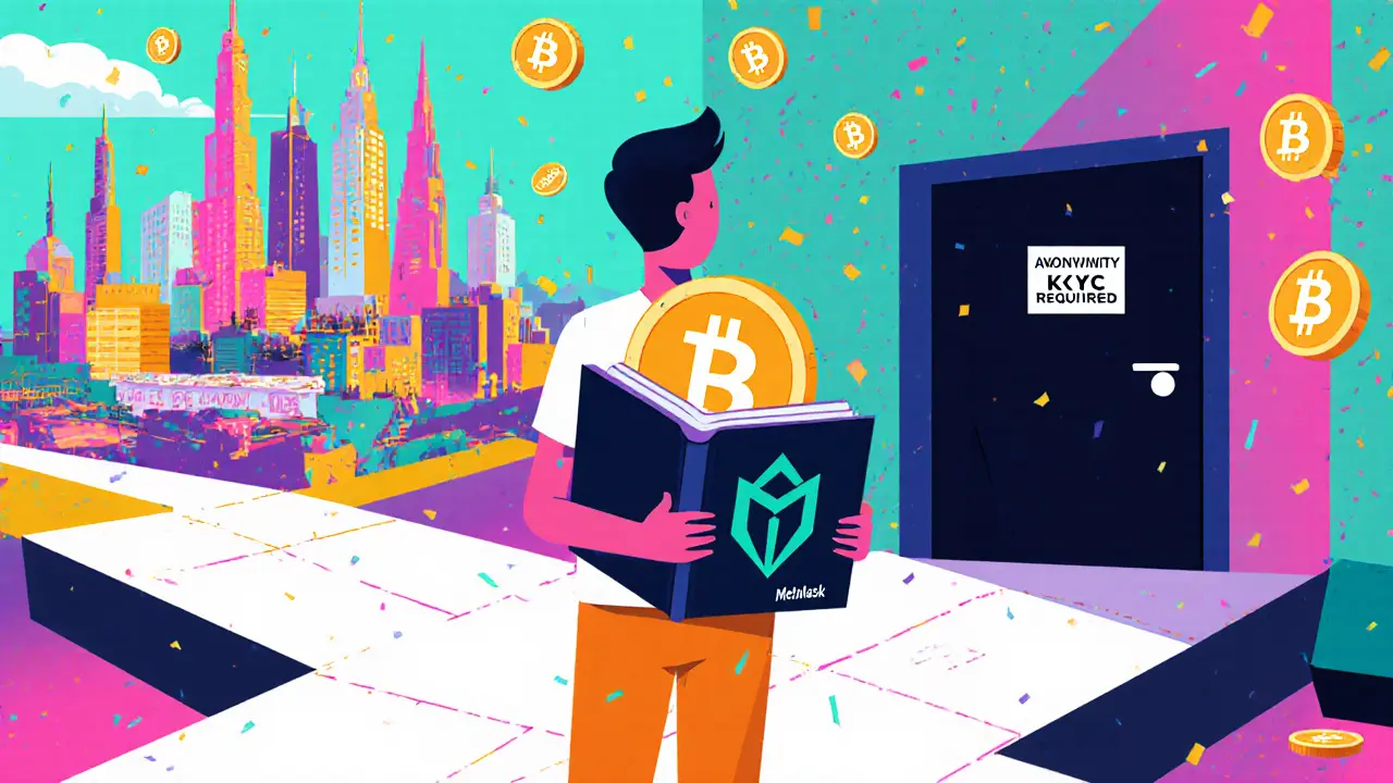 Un utilisateur face à un choix : la finance décentralisée ou l&#039;anonymat perdu, avec des frais de gaz en arrière-plan.