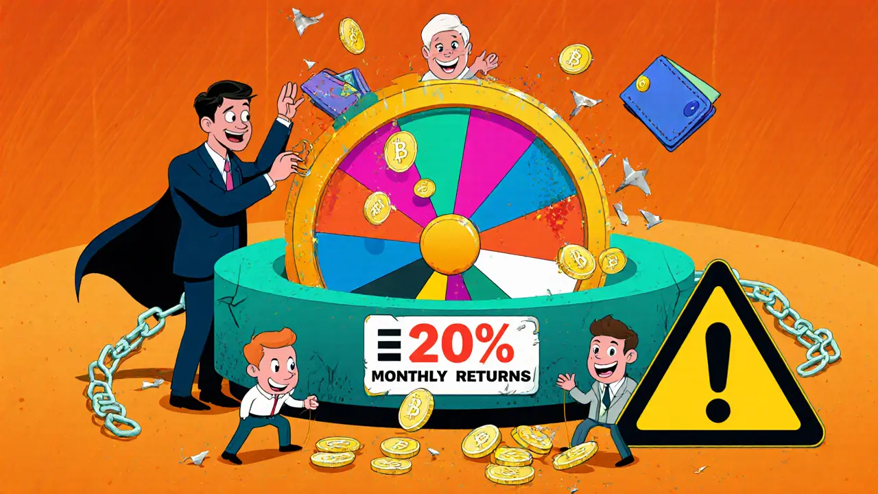 Une roue folle promet des rendements élevés, tandis qu&#039;un homme en costume manipule les investisseurs.