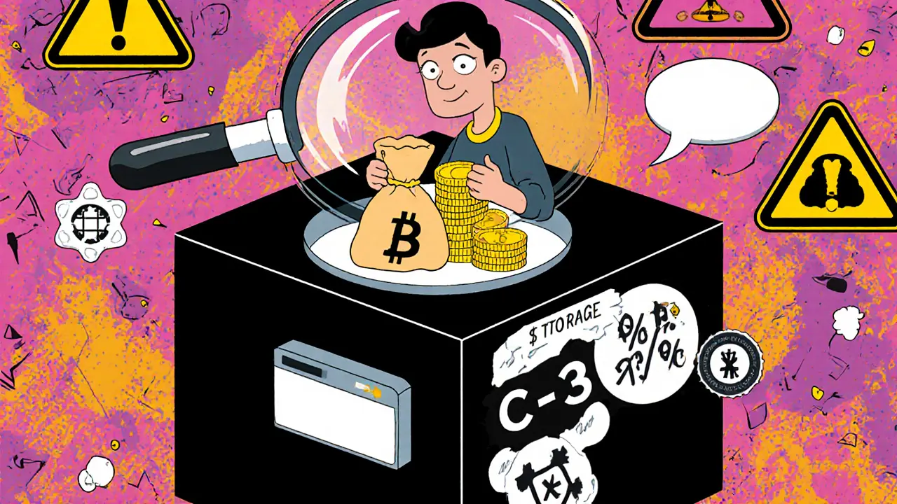 Utilisateur déposant des cryptos dans une boîte noire sans aucune information de sécurité, style illustration Memphis.