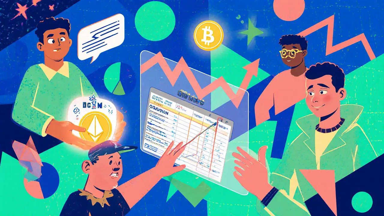 Utilisateurs stylisés échangeant DOLA sur des plateformes DeFi, entourés de formes géométriques vives et de données transparentes.