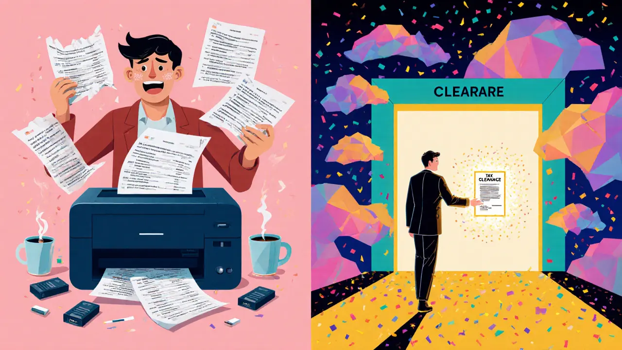 À gauche, une personne paniquée imprime des historiques ; à droite, un expert lui remet un document de libération fiscale.