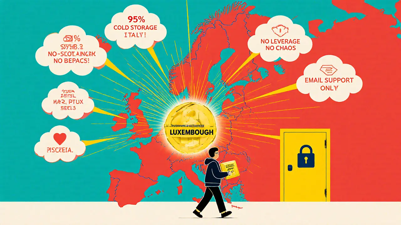 Carte de l&#039;Europe avec Blocktrade au centre, montrant sa régulation et ses avantages en style géométrique coloré.