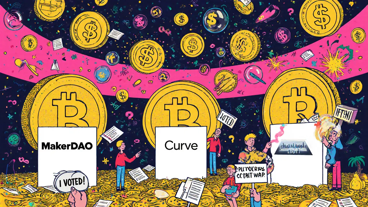 Chambre de vote abstraite où les tokens deviennent des urnes dans un style Memphis coloré.