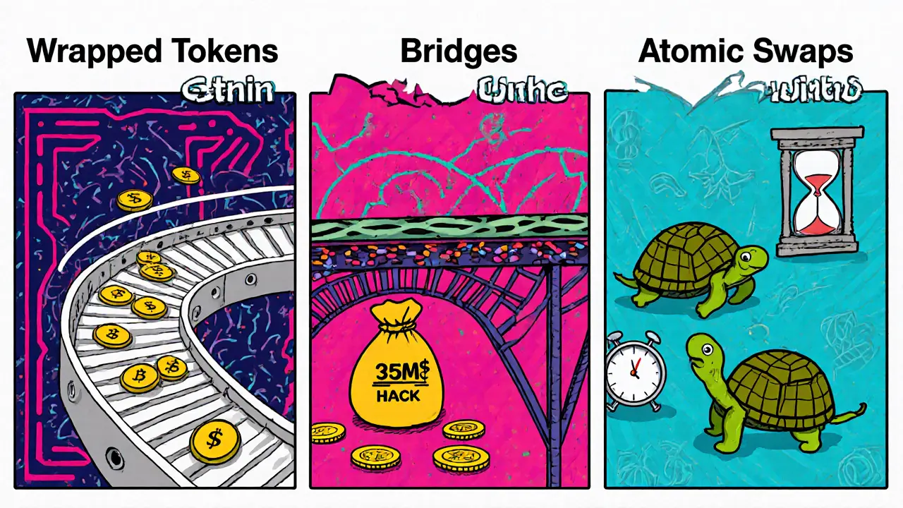 Comparaison humoristique de trois méthodes cross-chain en style Memphis : courroie, pont cassé et tortues.