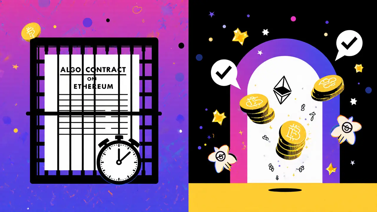 Comparaison visuelle entre staking verrouillé sur Ethereum et staking libre sur Algorand.