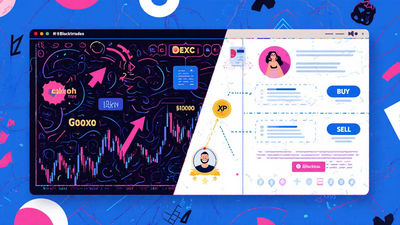 Comparaison visuelle entre une interface complexe de trading et l&#039;interface simple de Blocktrade, en style Memphis.