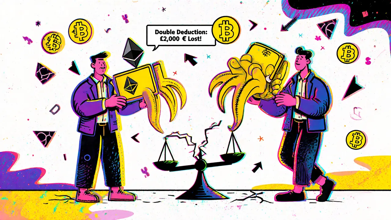 Deux traders échangent des crypto-monnaies, chaque partie perdant 1 % à cause d&#039;une retenue doublée, en style Memphis vibrante.