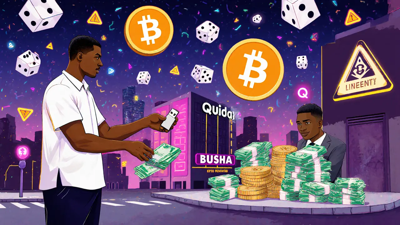 Échange P2P de crypto en plein air à Lagos, billets et symboles numériques flottants.