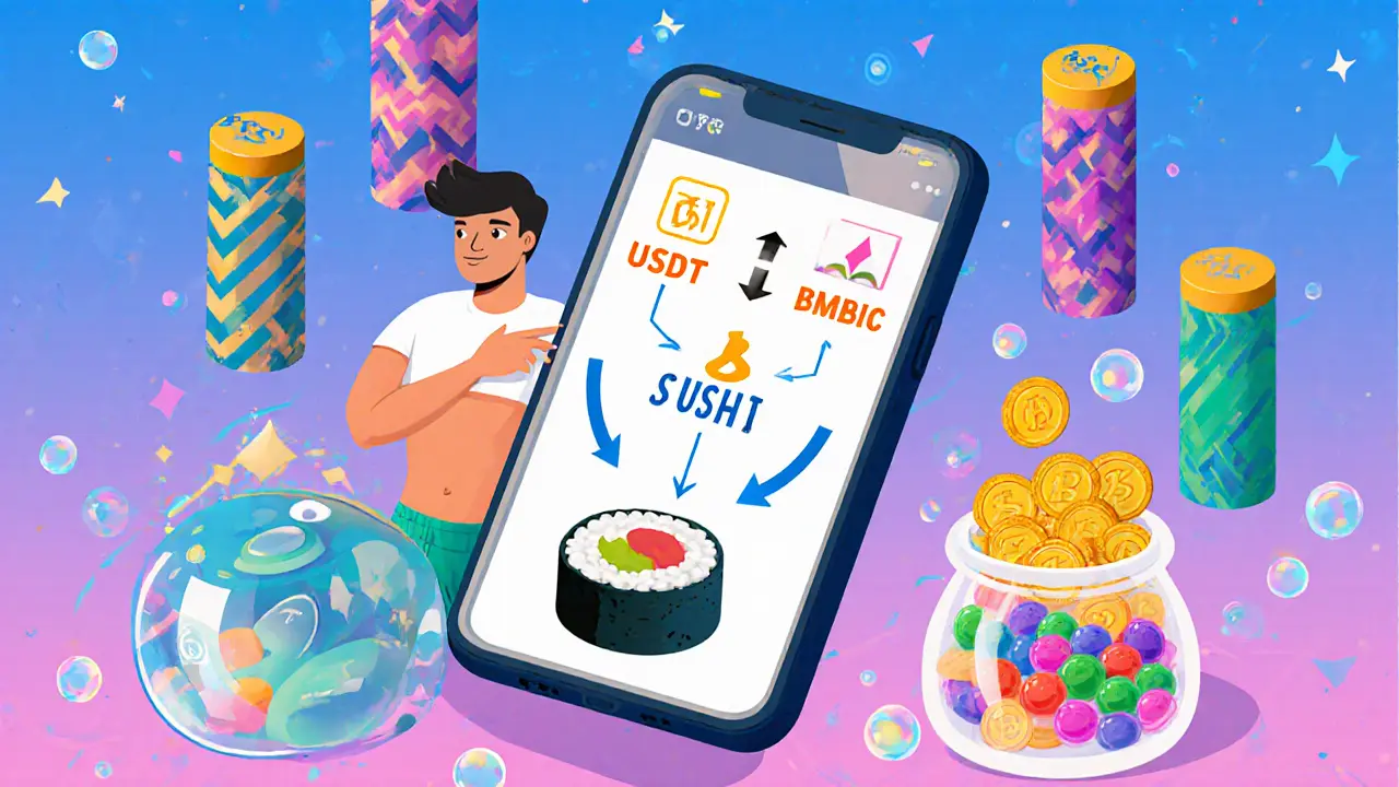 Écran de téléphone en forme de rouleau de sushi avec des flèches d&#039;échange colorées et des pools de liquidité.