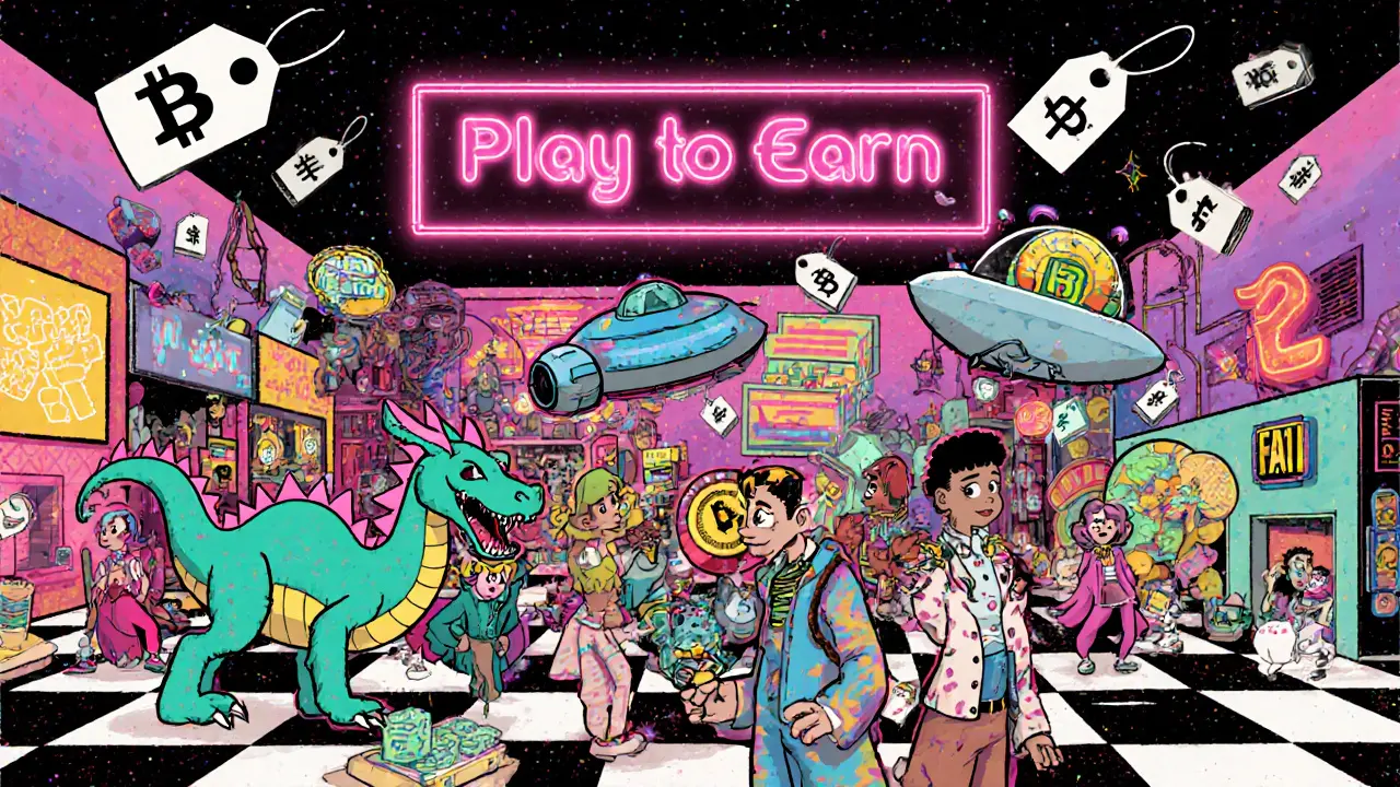 Marché animé où des joueurs échangent des NFT sous un enseigne néon en style Memphis.