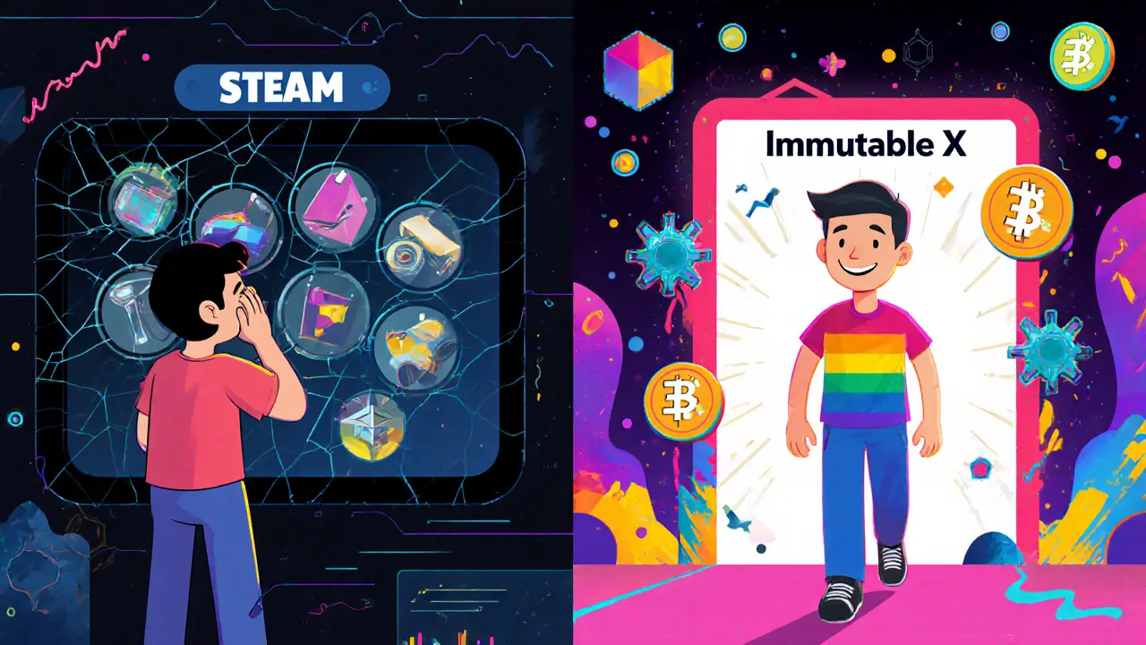 Scène comparant la perte d&#039;objets de jeu et la liberté des NFT avec des motifs géométriques colorés.