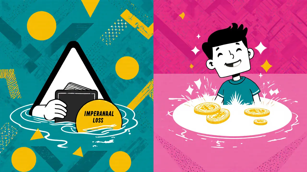 Scène divisée : risque de perte à gauche, récompenses à droite, style géométrique vif et coloré.