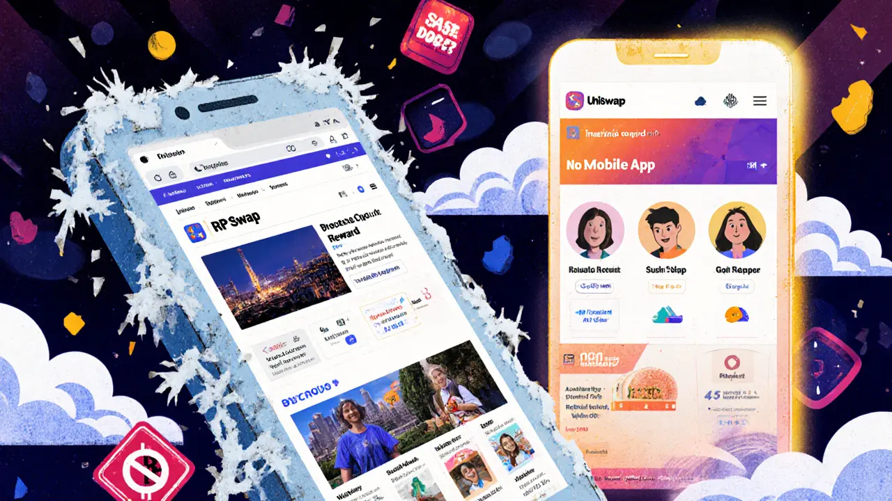 Téléphone obsolète affichant RCP Swap figé en 2022, tandis que des DEX modernes brillent au loin.