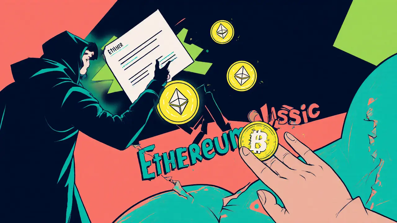 Un hacker vole des ETH, une main sauve les fonds pour créer Ethereum, tandis qu&#039;Ethereum Classic s&#039;efface en arrière-plan.