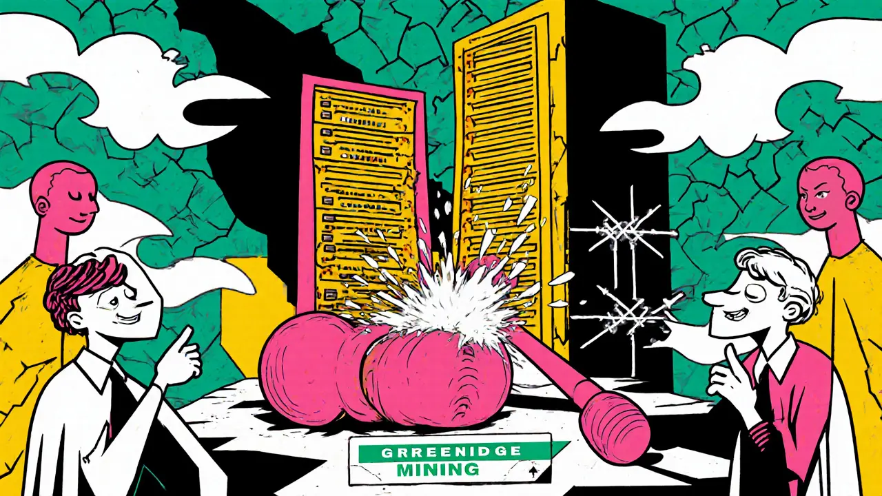 Un marteau en forme de barrage écrase un serveur de minage dans une cour de justice stylisée.