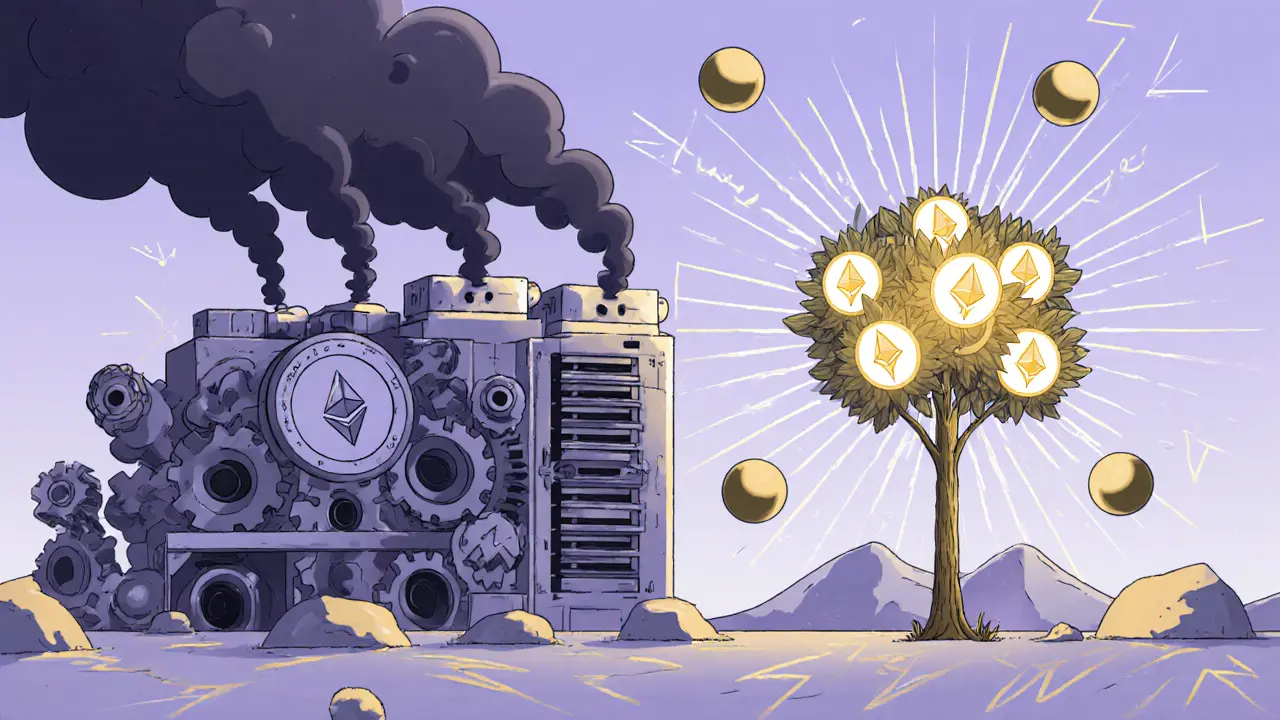 Un mineur énergivore se transforme en arbre de staking éco-responsable, symbole du Merge d&#039;Ethereum, style Memphis géométrique.