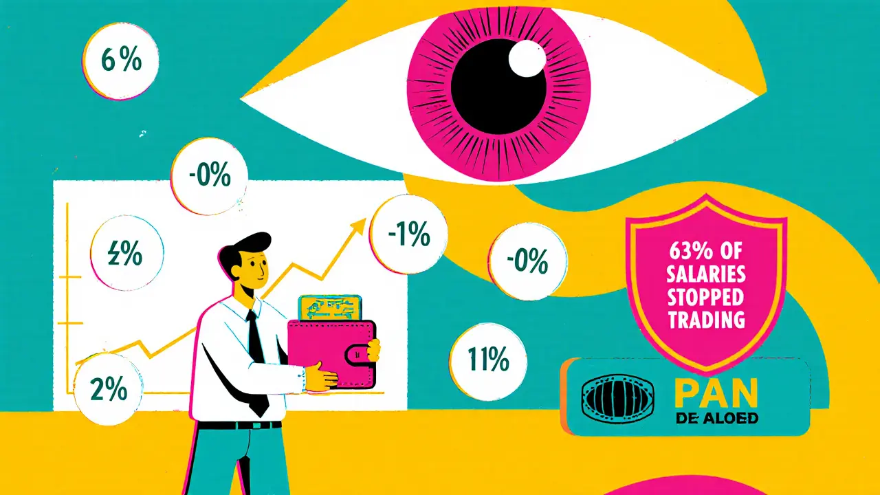 Un petit trader subit dix retenues de 1 % sur ses transactions annuelles, observé par un œil gouvernemental, en style Memphis audacieux.