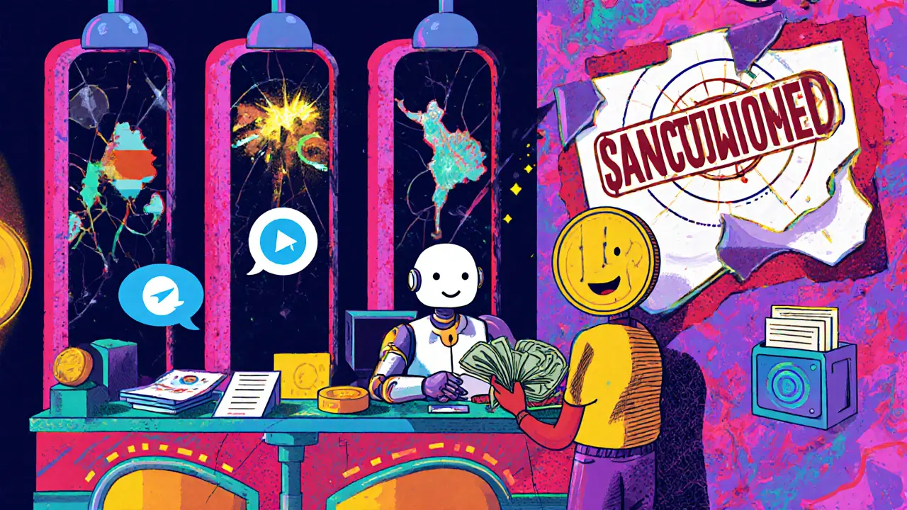 Un robot tête de USDT convertit des roubles en crypto derrière un comptoir bancaire, avec des portails vers d&#039;autres pays.