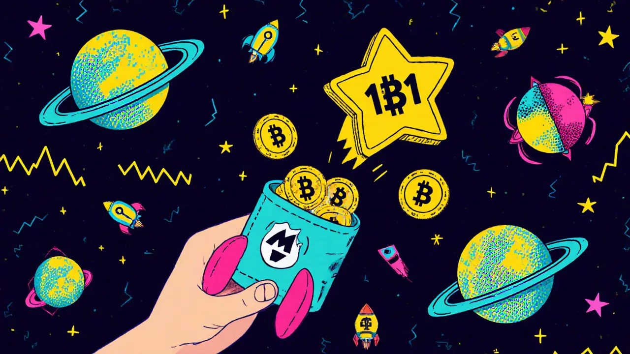 Un utilisateur envoie des jetons WBTC vers des protocoles DeFi dans un espace stylisé aux formes vives.