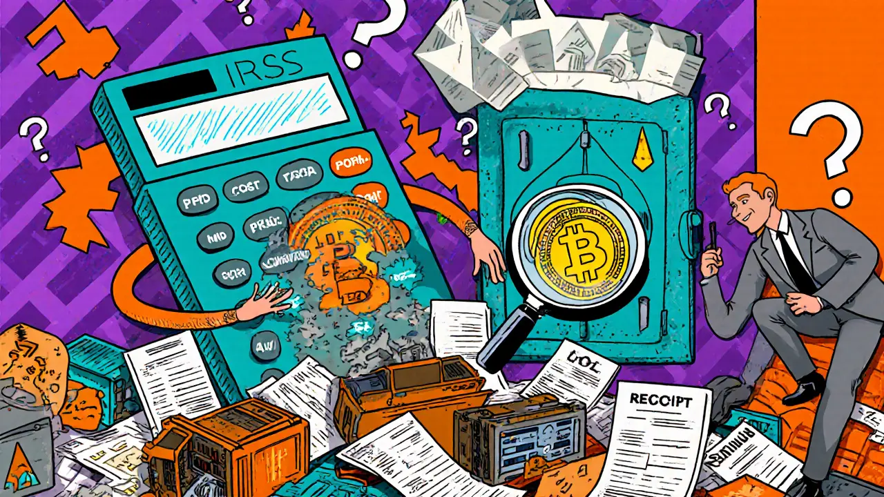 Une calculatrice IRS attrape des portefeuilles crypto dans un coffre rempli de reçus oubliés.