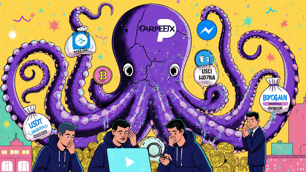 Une pieuvre en portefeuilles crypto étend ses tentacules à travers huit pays, symbolisant le réseau de contournement des sanctions.