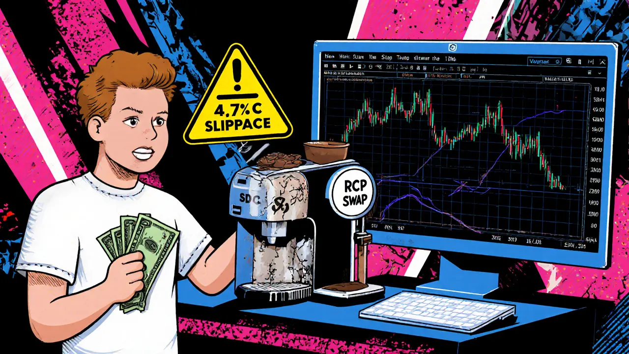 Utilisateur perdant 4,7 % sur une machine à café crypto nommée RCP Swap, entouré de DEX modernes.