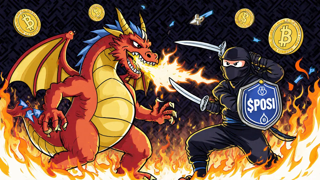 Bataille entre un dragon Uniswap et un ninja Position Exchange, entouré de jetons et de flammes de frais.