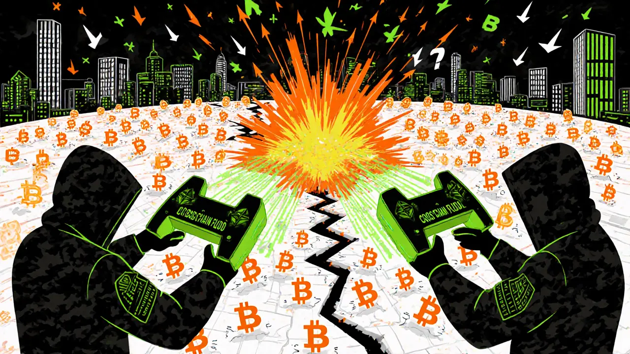 Bataille numérique avec des milliers de tokens et des flux de blockchain en couleurs vives et géométriques.