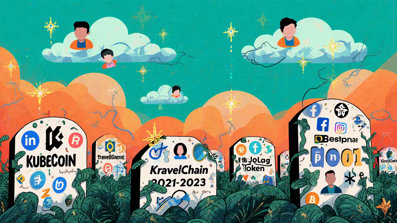 Cimetière des projets crypto morts avec KubeCoin en pierre tombale, tandis que d&#039;autres projets brillent au loin.