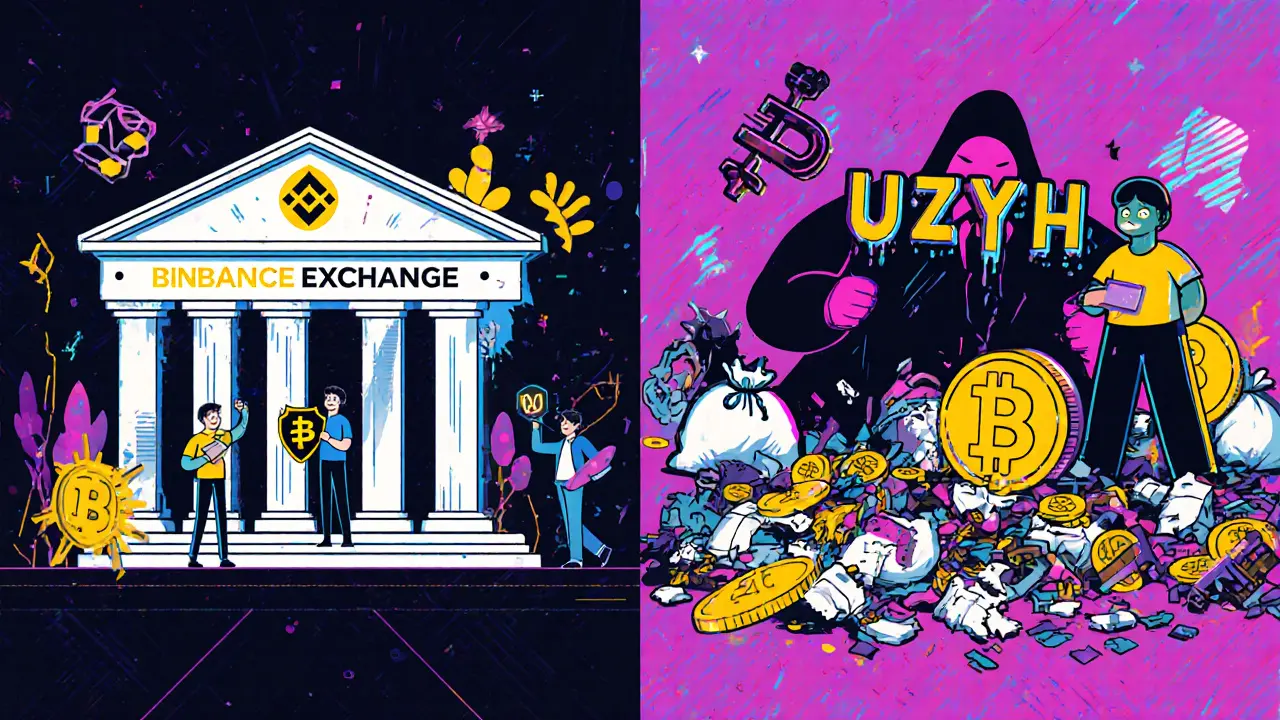 Comparaison entre un échange crypto fiable et Uzyth en décomposition, en style Memphis Design.