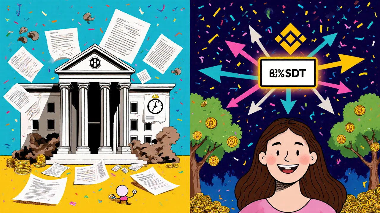 Comparaison entre une banque lente et un réseau crypto dynamique, avec des flèches de transfert et des arbres à pièces.