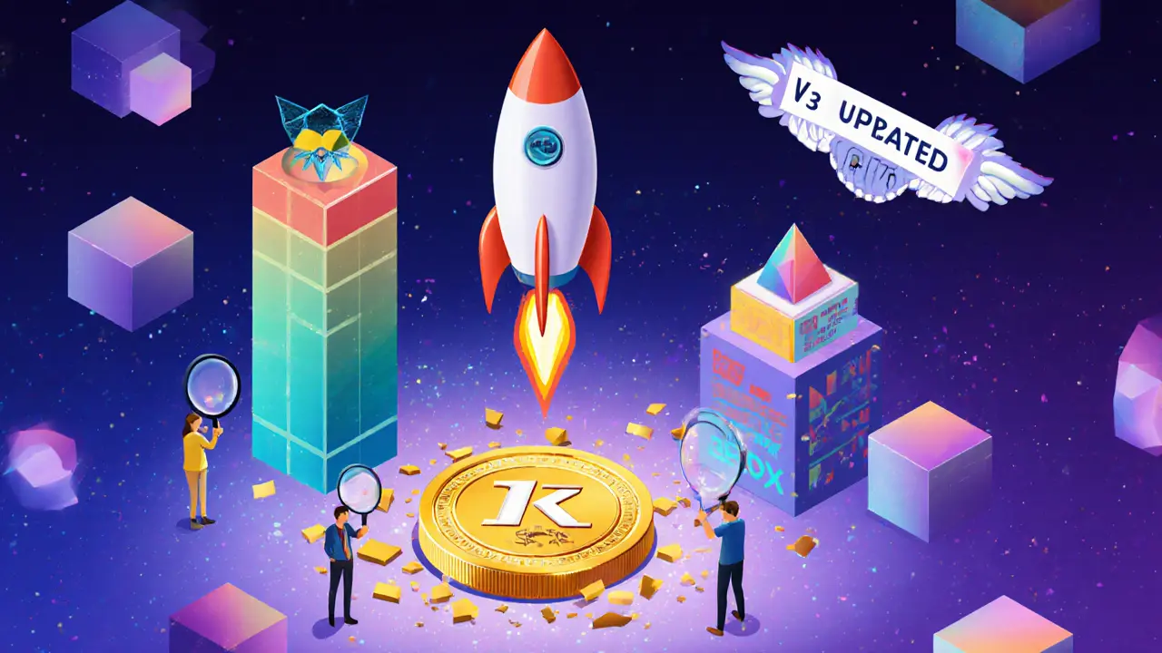 Comparaison stylisée entre Kine, dYdX et GMX avec une grosse pièce KINE fissurée révélant son contenu vide.