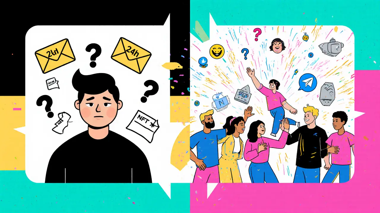 Contraste entre support lent (e-mails) et communauté active (Telegram) en illustration Memphis colorée.