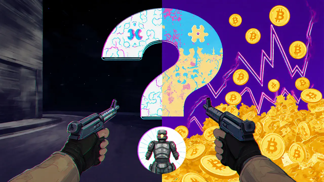 Contraste entre un jeu vidéo traditionnel et un jeu blockchain, séparé par un puzzle géant représentant l&#039;interopérabilité.