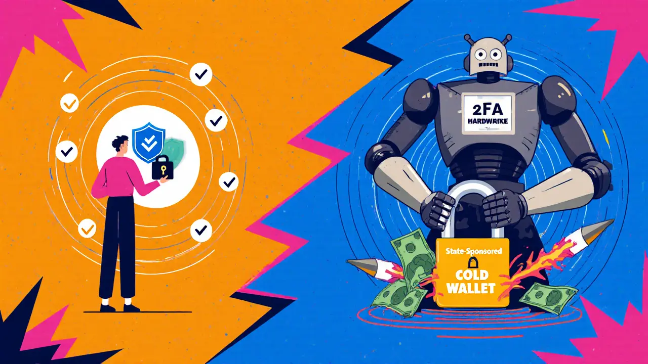 Contraste entre un utilisateur sécurisé et un robot hacker détruisant un portefeuille froid en style Memphis.