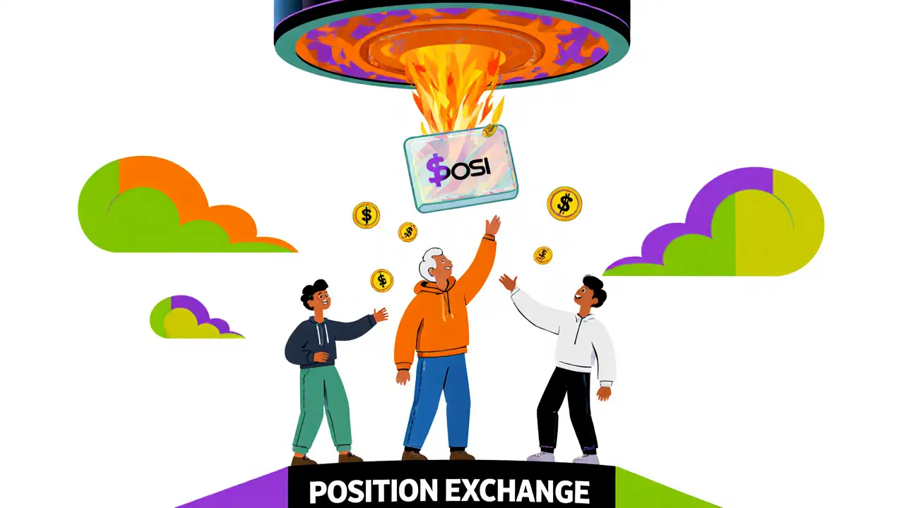 Des traders diversifiés attrapent des jetons $POSI tombant du ciel, sur une plateforme décentralisée.