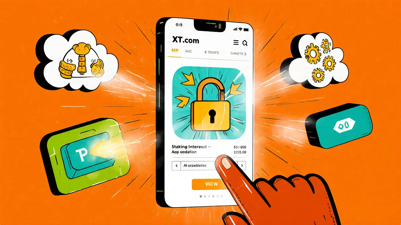 Écran de téléphone avec l&#039;application XT.com affichant staking, mining cloud et copy trading en style cartoon.