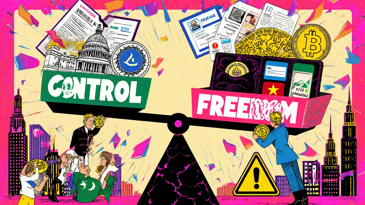 Équilibre entre contrôle étatique et liberté financière dans les pays adoptant des régulations nuancées sur les crypto.