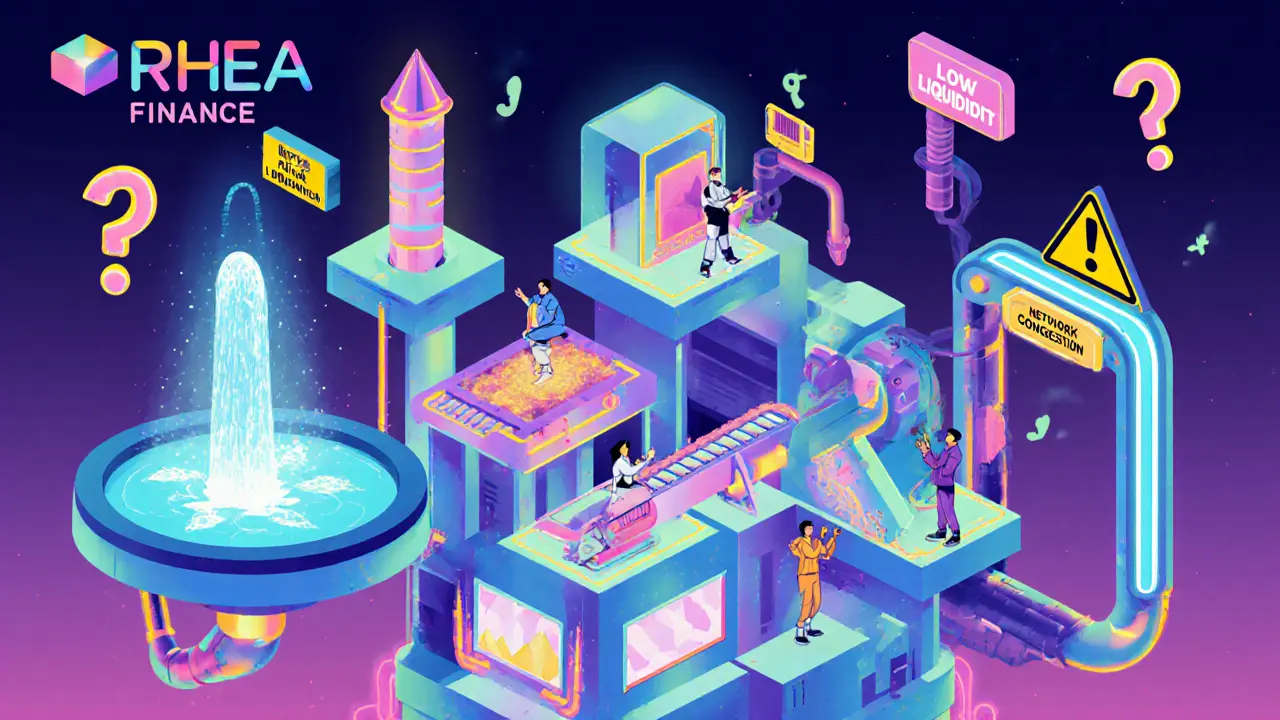 Hub DeFi Rhea Finance avec tours de prêt, piscines de liquidité et courroies de récompense.