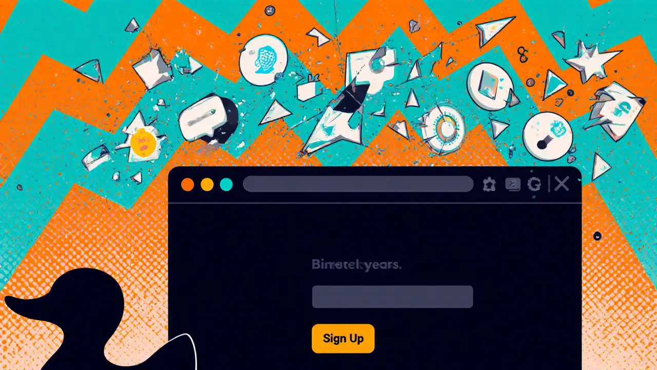 Interface DuckSwap vide avec un canard sombre, des éléments de sécurité brisés et un fond géométrique vif.