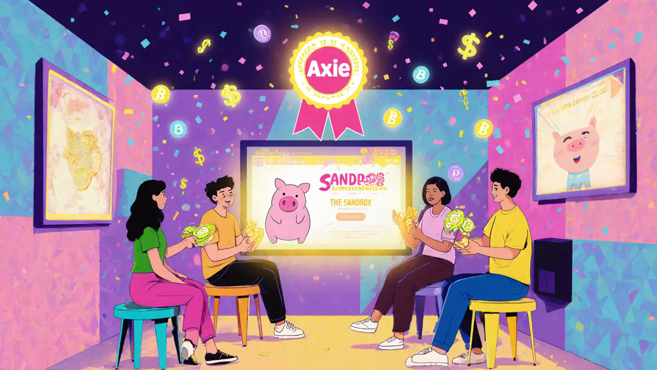 Joueurs aux Philippines jouant à des jeux décentralisés, entourés de symboles crypto et d&#039;objets NFT en style cartoon.