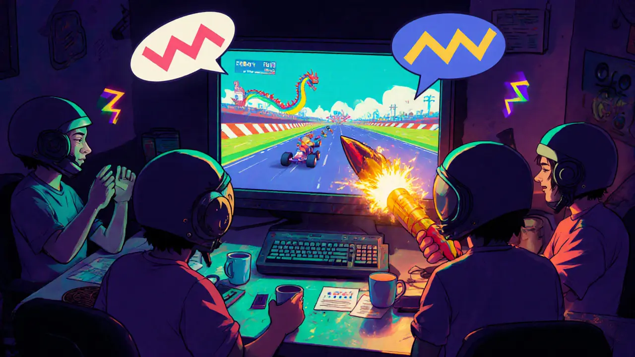 Joueurs sur Discord regardant une course Dragon Kart sur un écran rétro.